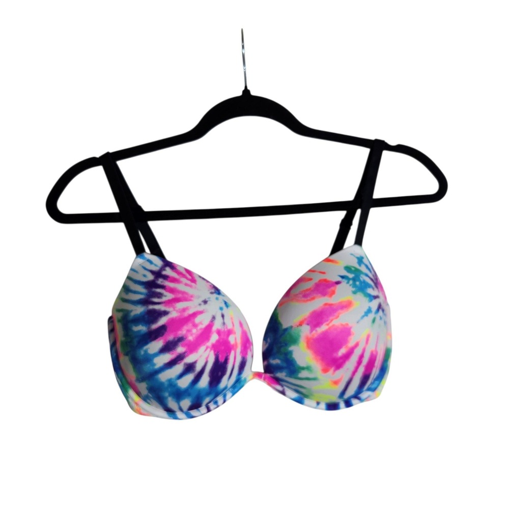 Victorias Secret PINK Tie Dye Push Up Bra 34DD Neon Pink Blue Underwire